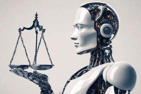 Human like robot holding scales of justice