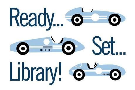 3 classic race cars with the words "Ready...Set...Library"