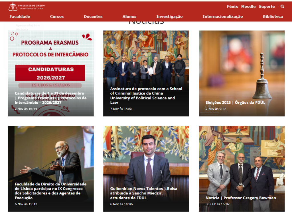 FD ULisboa webpage showing pictures of news articles
