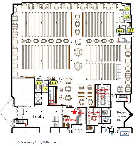 Map of study rooms within the library.