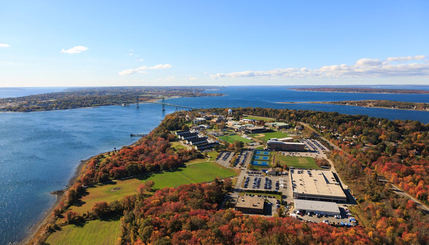 Aerial image of Roger Williams Law Campus, situated directly on the waterfront