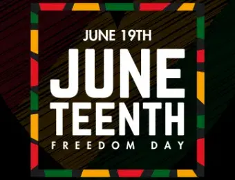 Text "June 19th Juneteenth Freedom Day" boarded by red, green, and yellow