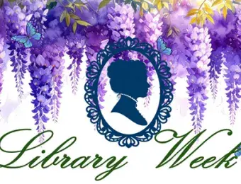 Hanging wisteria with silhouette of Victorian woman with the words Library Week underneath