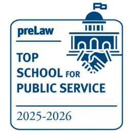 preLaw magazine badge reading: Top School for Public Service 2025–2026, with an icon of a government building and two hands shaking.