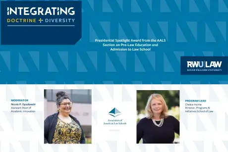 Graphic art showing the Integrating Doctrine & Diversity logo, RWU Law logo, AALS logo, and image of a woman with glasses and hair in a bun and another woman with light hair and pearl necklace.