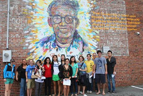Human Rights Activism class at Duke in front of a downtown mural of Durham native Pauli Murray in the Fall of 2009