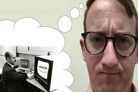 Man imagining person sitting at computers with Amazon logo on screen