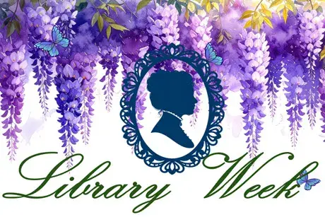 Purple Hanging wisteria behind silhouette of women framed by ornate oval shape. Library Week written underneath