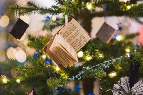 Book ornaments on Christmas tree