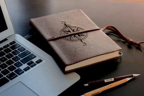 Leather bound notebook with a compass rose.