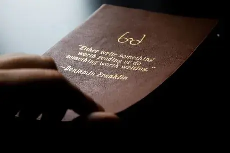 Book cover. "Either write something worth reading or do something worth writing" - Benjamin Franklin