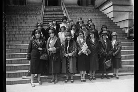 April 1930. A group of representatives from National Association Women Lawyers gathered to see President Hoover regarding sending United States Plenipotentiaries to the Hague to vote for a World Code of equality between men and women.