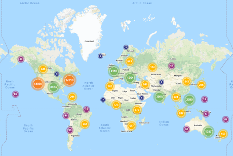 Map of the world indicating location and number of downloads from Law Faculty Digital Repository Downloads, 2020-2021