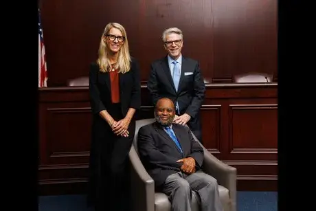 Image of Dean Gregory W. Bowman, Prof. Suzy Harrington-Steppen, and Prof. Bernard Freamon, RWU Law magazine cover 2023