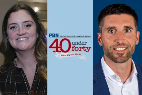 PBN 40 Under Forty logo in the middle of two headshots of alumni.