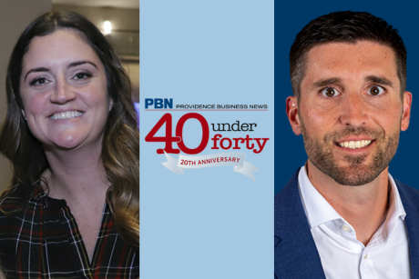 PBN 40 Under Forty logo in the middle of two headshots of alumni.