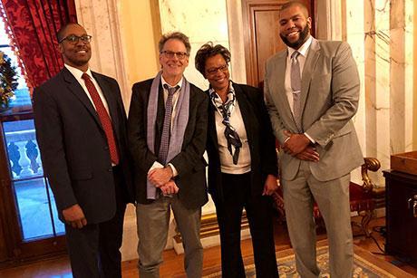 From left, Christopher Knox Smith, RWU Law Dean Michael Yelnosky, Melissa R. DuBose and Keith A. Cardoza Jr. at Governor Raimondo's announcement of nominating them as Rhode Island judges.