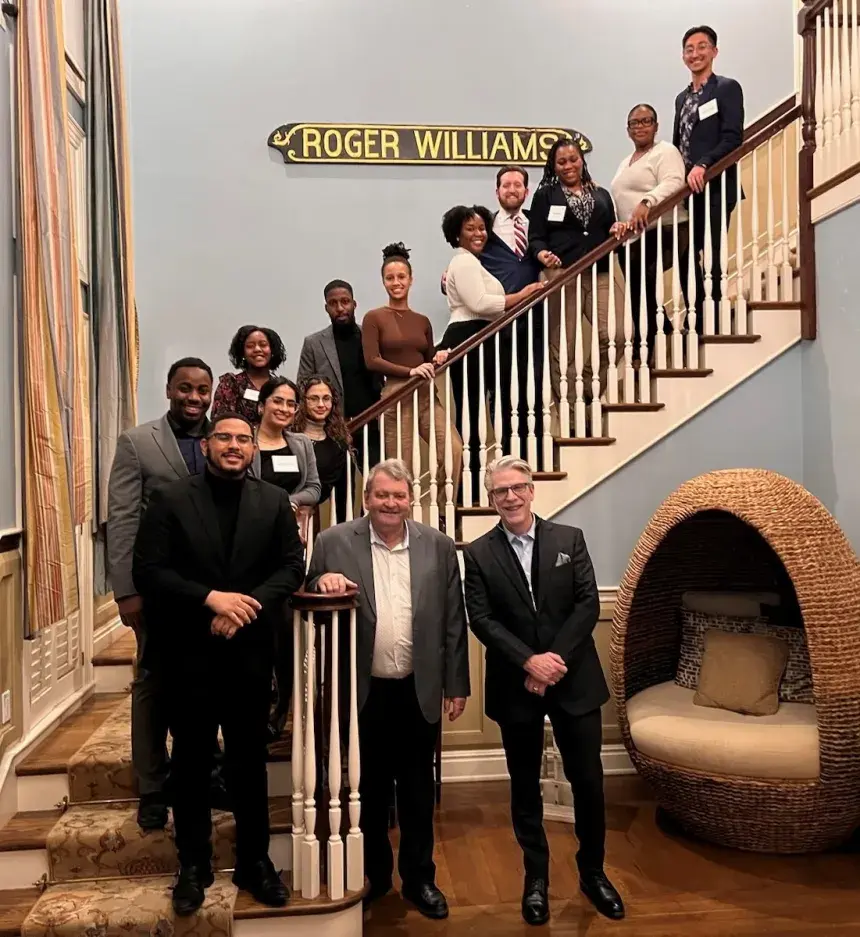 The 2023-24 School of Law SBA board with School of Law Dean Gregory Bowman and RWU President Ioannis Miaoulis