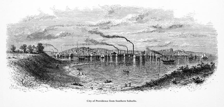 historical black and white illustration captioned 'City of Providence and Southern Suburbs'